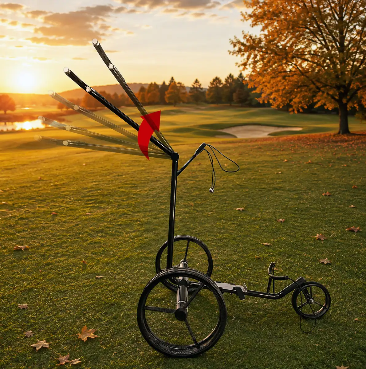 Elektrischer Carbon Golftrolley auf dem Golfplatz