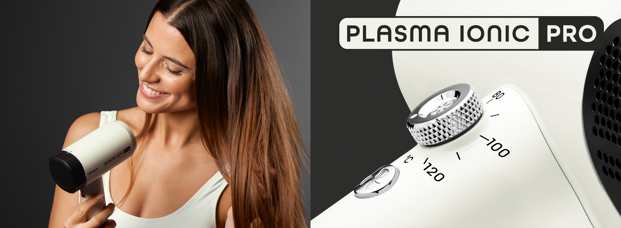 Trisa Plasma Ionic Pro Frau mit weissem Haartrockner